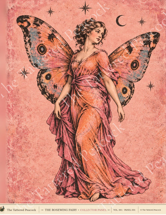 The Rosewing Fairy vintage fairy cotton fabric panel with butterfly wings in coral and pink for wearable art and creative upcycling