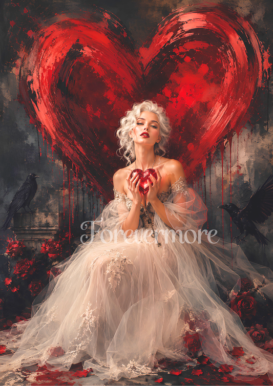 Gothic art print featuring a woman in a white tulle gown holding a red heart, set against a large red painted heart backdrop with black birds and scattered red roses.