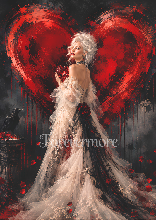 A gothic-style portrait of a woman in a layered white and black lace dress holding a red rose, set against a large textured red heart on a dark background. 