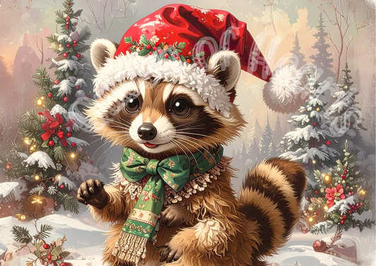Raccoon character in a festive outfit with Christmas decorations