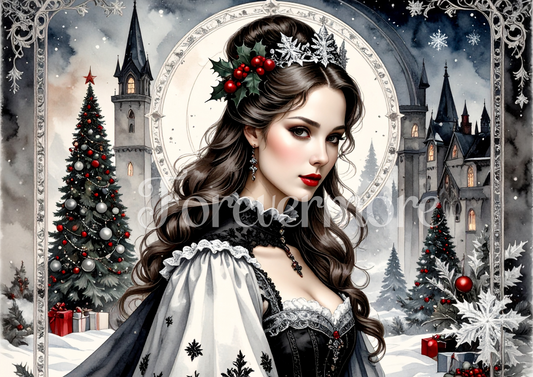 Illustration of a woman in a festive setting with Christmas trees and snowflakes.