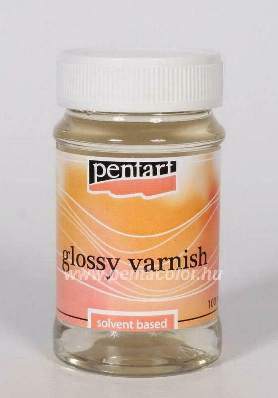 A bottle of solvent-based glossy varnish with a white cap and label that reads 'penart glossy varnish'.