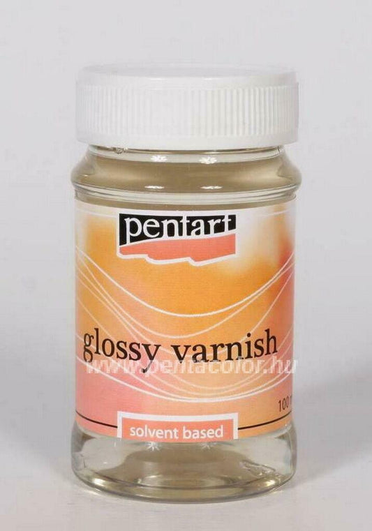 A bottle of solvent-based glossy varnish with a white cap and label that reads 'penart glossy varnish'.
