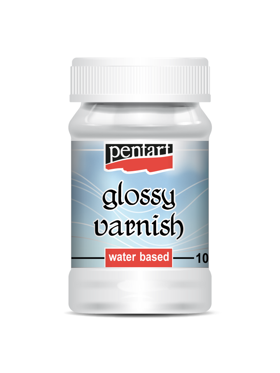 A bottle of Pentart glossy varnish, water-based, with a label showing the brand and product type.