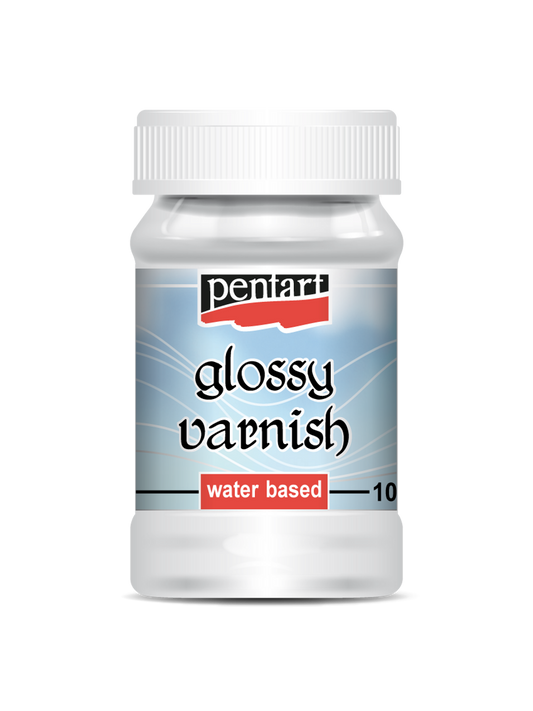 A bottle of Pentart glossy varnish, water-based, with a label showing the brand and product type.