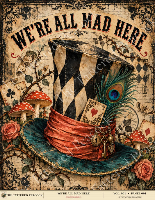 We’re All Mad Here cotton Collector Panel featuring a black-and-cream harlequin hat with a peacock feather, playing cards, antique keys, mushrooms, and roses.
