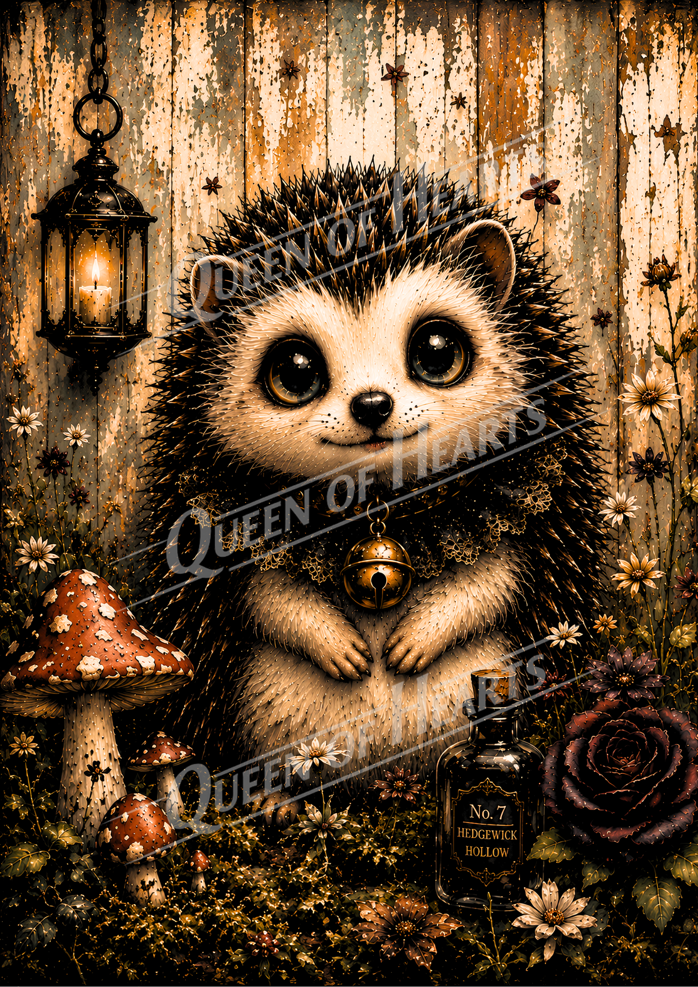 A whimsical woodland illustration of a cute hedgehog with large eyes and a small bell, surrounded by mushrooms, flowers, a lantern, and a bottle on a rustic wooden background. 