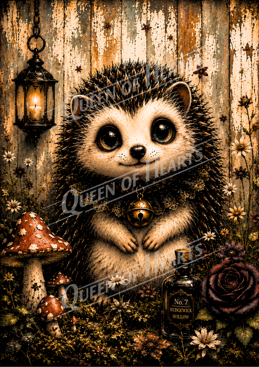 A whimsical woodland illustration of a cute hedgehog with large eyes and a small bell, surrounded by mushrooms, flowers, a lantern, and a bottle on a rustic wooden background. 
