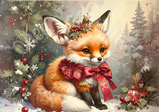 Fox wearing a red scarf with festive decorations on a textured background