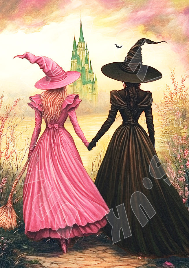 Decoupage paper craft featuring two female characters in pink and black dresses with witch hats, walking on a path with a castle in the background.