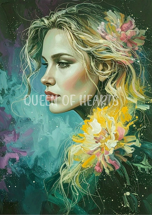 Artistic depiction of a woman's face with flowers in her hair against a colorful background.