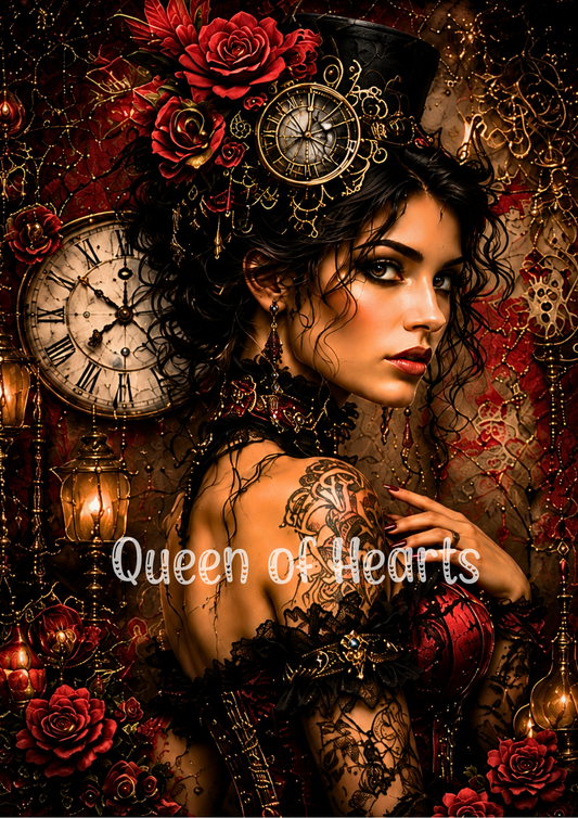 Woman with tattoos and clock, surrounded by roses and intricate designs.