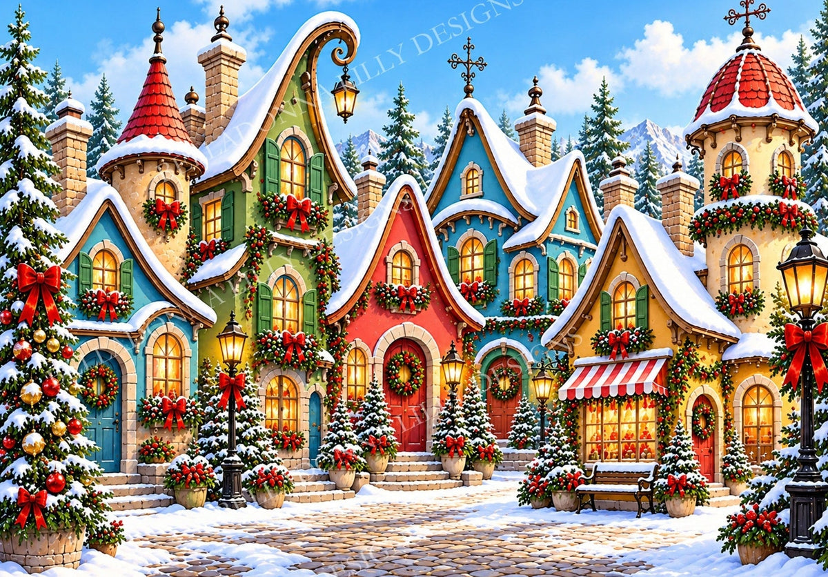 Colorful European-style Christmas village with snowy rooftops, festive greenery and glowing lanterns