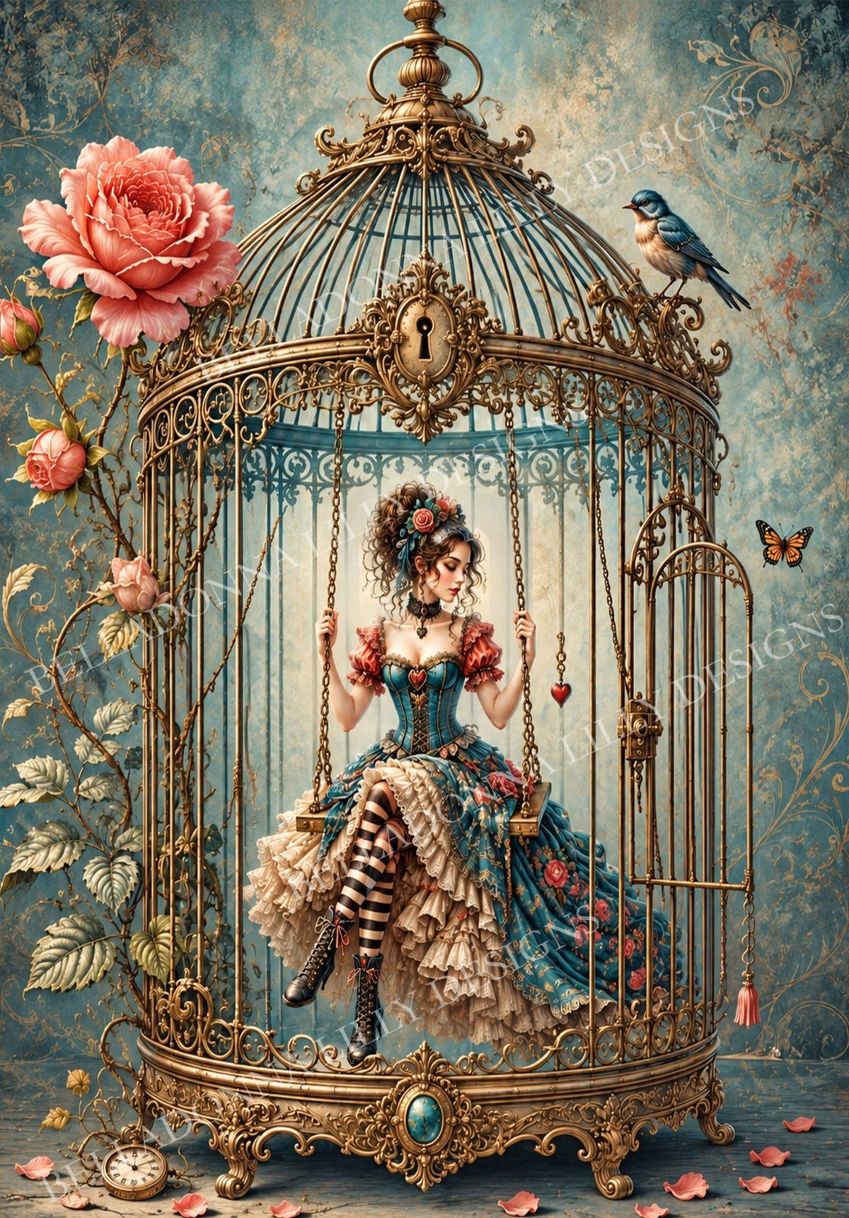 An Uncaged Dream — teal, pink rose and antique gold whimsical artwork by Belladonna Lilly Designs