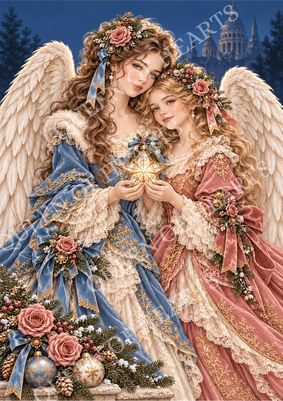 Two elegant Christmas angels in French blue and dusty rose holding a glowing golden star.