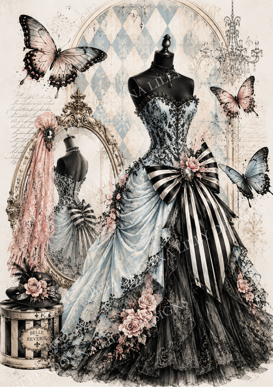 Belle Rêverie blue and black vintage couture gown with striped bows, blush roses, butterflies and ornate Parisian dressing mirror.
