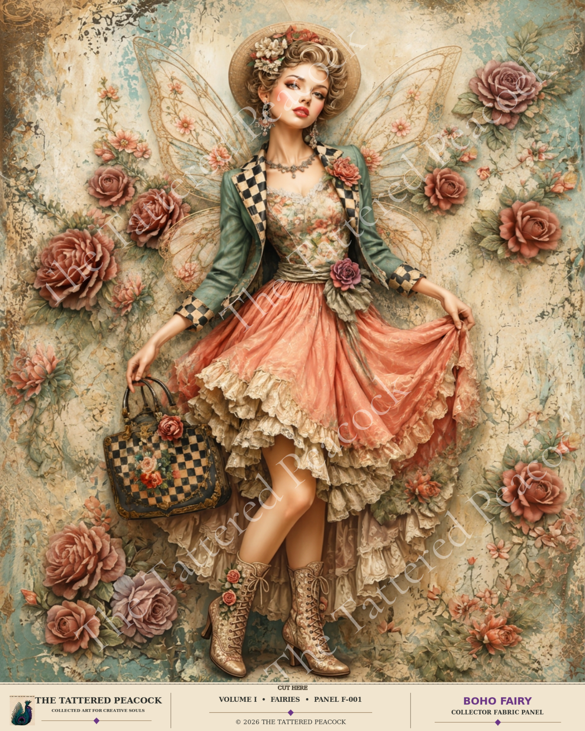 Boho fairy wearing a coral skirt and teal jacket with delicate wings, vintage roses and a harlequin handbag on an 8×10 Tattered Peacock fabric panel.