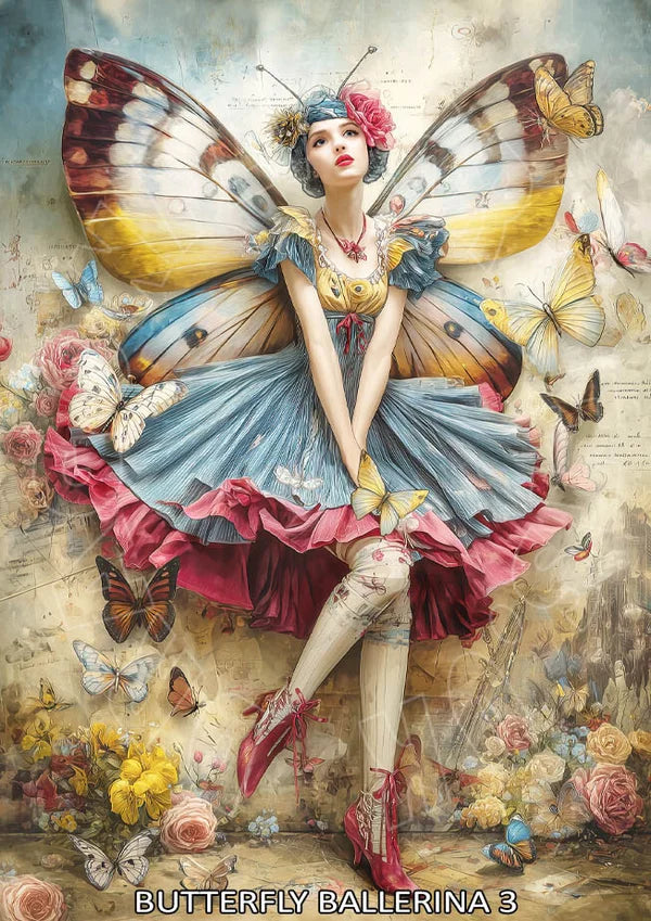 Printed rice paper for decoupage featuring an elegant ballerina with butterfly wings and floral details