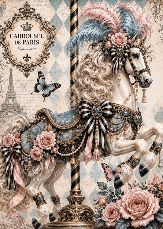 Carrousel de Paris white carousel horse decorated with blue brocade, pink and blue feathers, striped bows, pearls and blush roses.