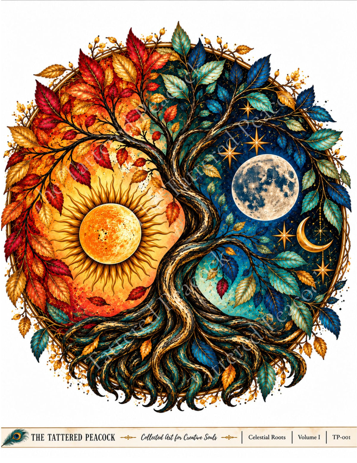 Celestial Roots – Sun & Moon Tree of Life Cotton Collector Panel | The Tattered Peacock