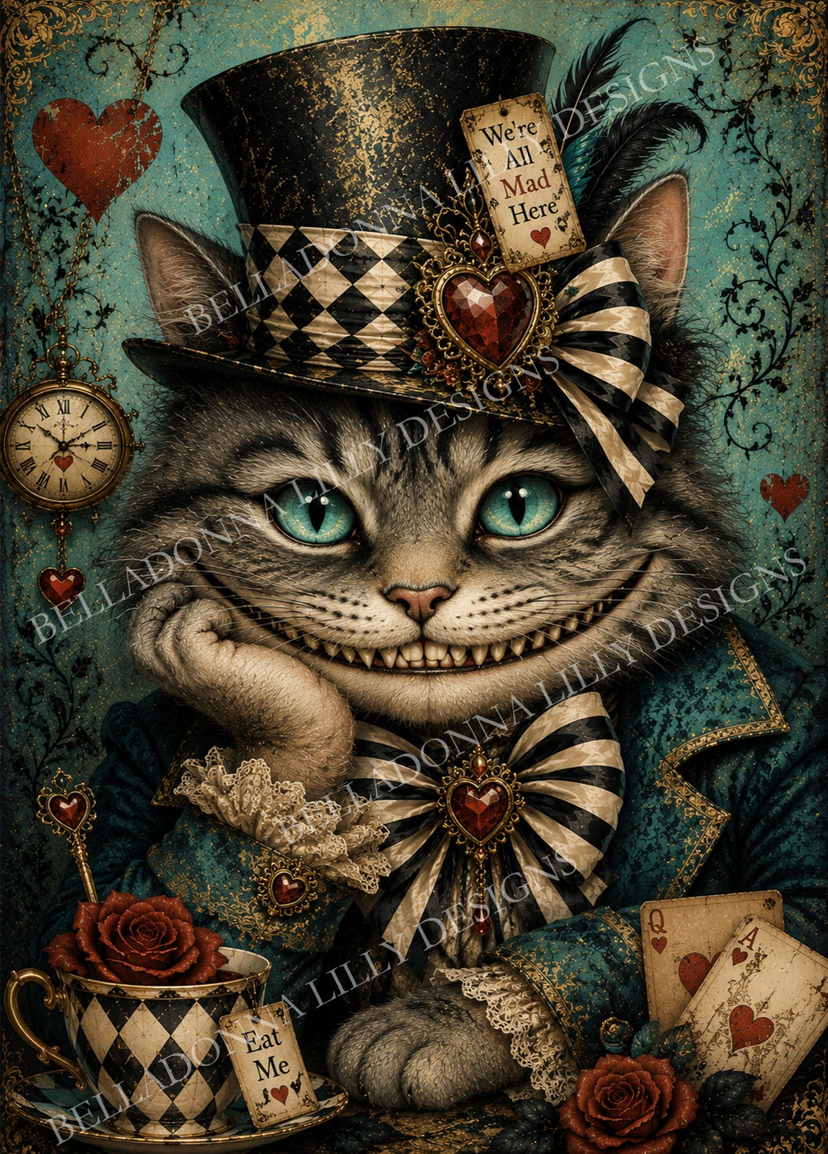 Whimsical Cheshire Cat with teal eyes, a mischievous grin, top hat, pocket watch, teacup, playing cards and red roses.