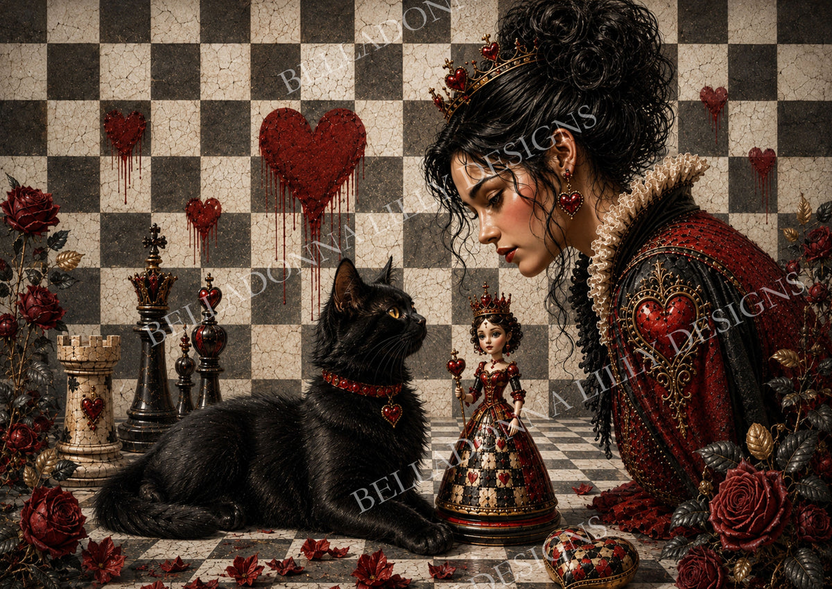 Chess Mate gothic decoupage artwork featuring a dark-haired queen, black cat, ornate chess pieces, red roses and a cracked checkerboard background.