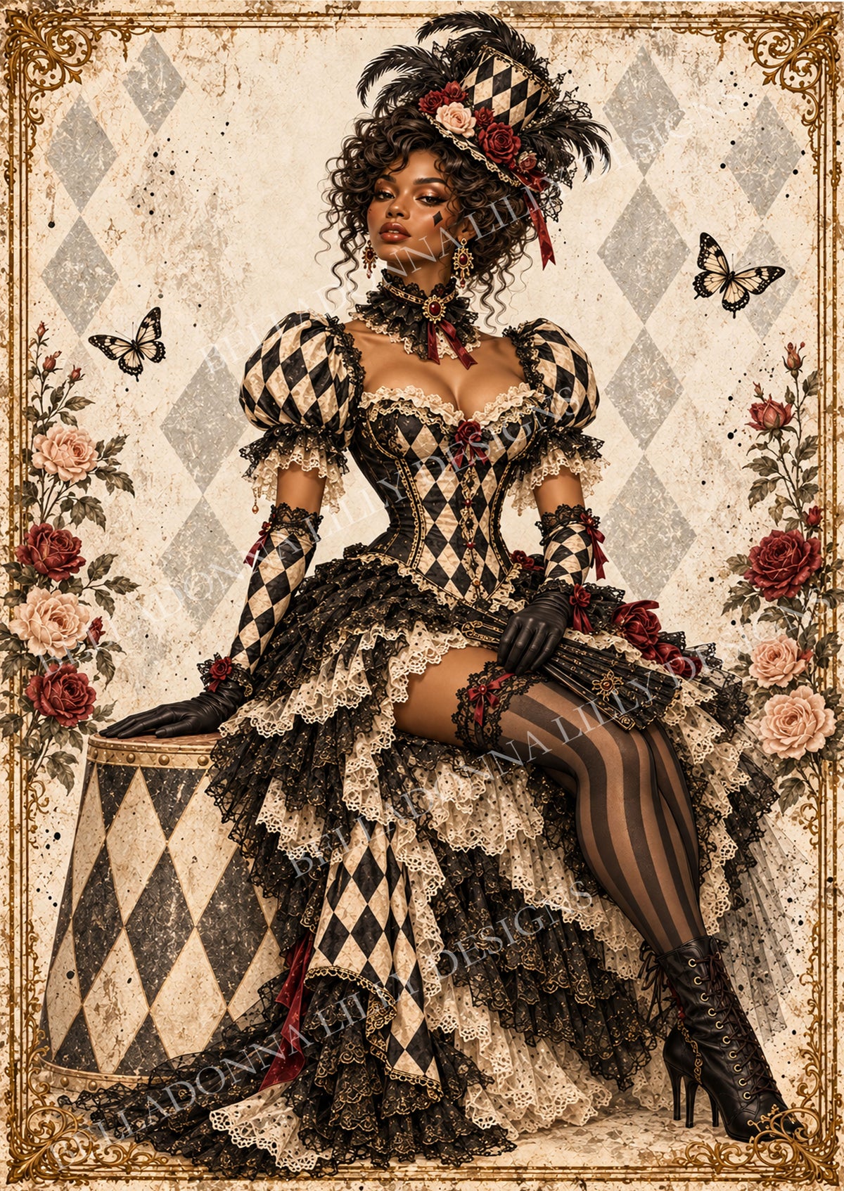Circus Lady Three seated in black and cream harlequin costume with roses and feathered hat – Belladonna Lilly decoupage rice paper