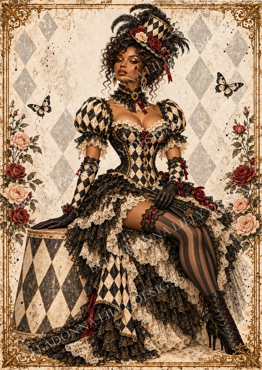 Circus Lady Three seated in black and cream harlequin costume with roses and feathered hat – Belladonna Lilly decoupage rice paper
