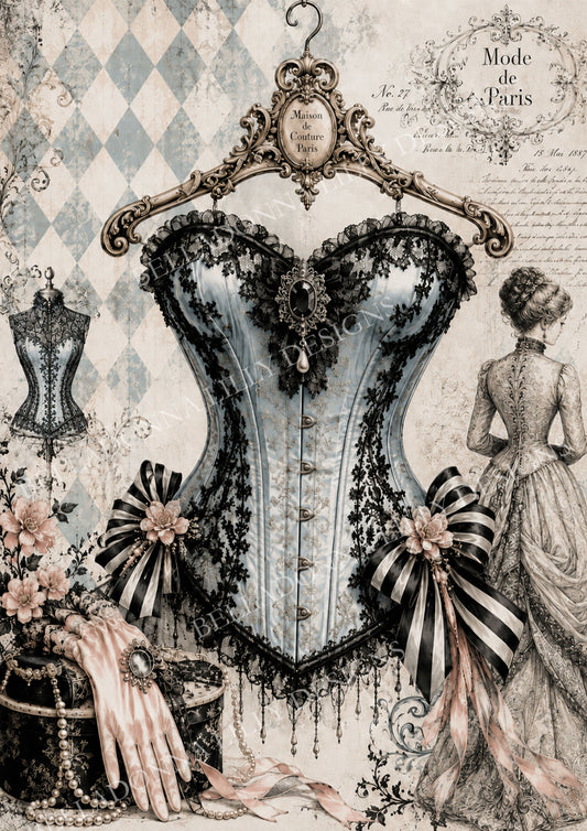 A vintage-style illustration of a light blue lace corset with black trim, hanging on an ornate hanger against a sepia patterned background with a mannequin, ribbons, gloves, and a woman in a gown.