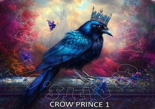 Blue crow with a crown on a colorful, abstract background .