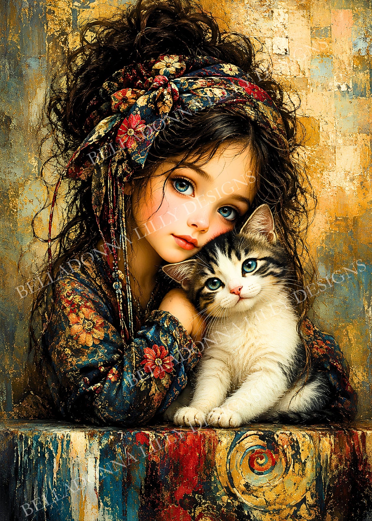 Dreamy Girls blue-eyed girl in floral headscarf cuddling a blue-eyed kitten – Belladonna Lilly decoupage rice paper
