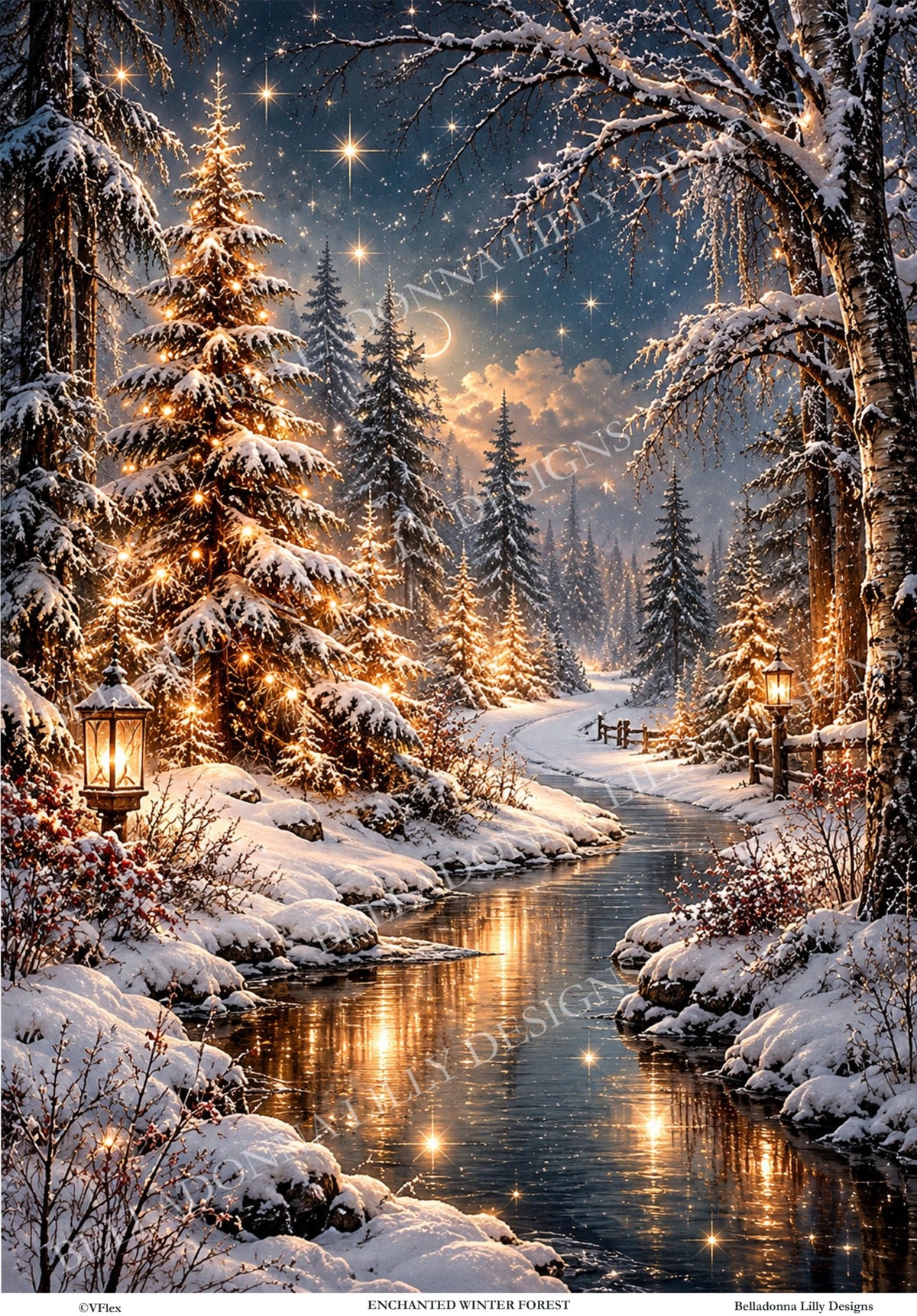Enchanted Winter Forest decoupage rice paper by Belladonna Lilly Designs, featuring snowy evergreens, golden lights, lanterns and a moonlit stream.