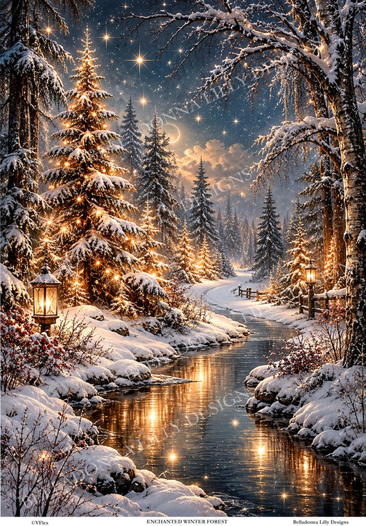 Enchanted Winter Forest decoupage rice paper by Belladonna Lilly Designs, featuring snowy evergreens, golden lights, lanterns and a moonlit stream.