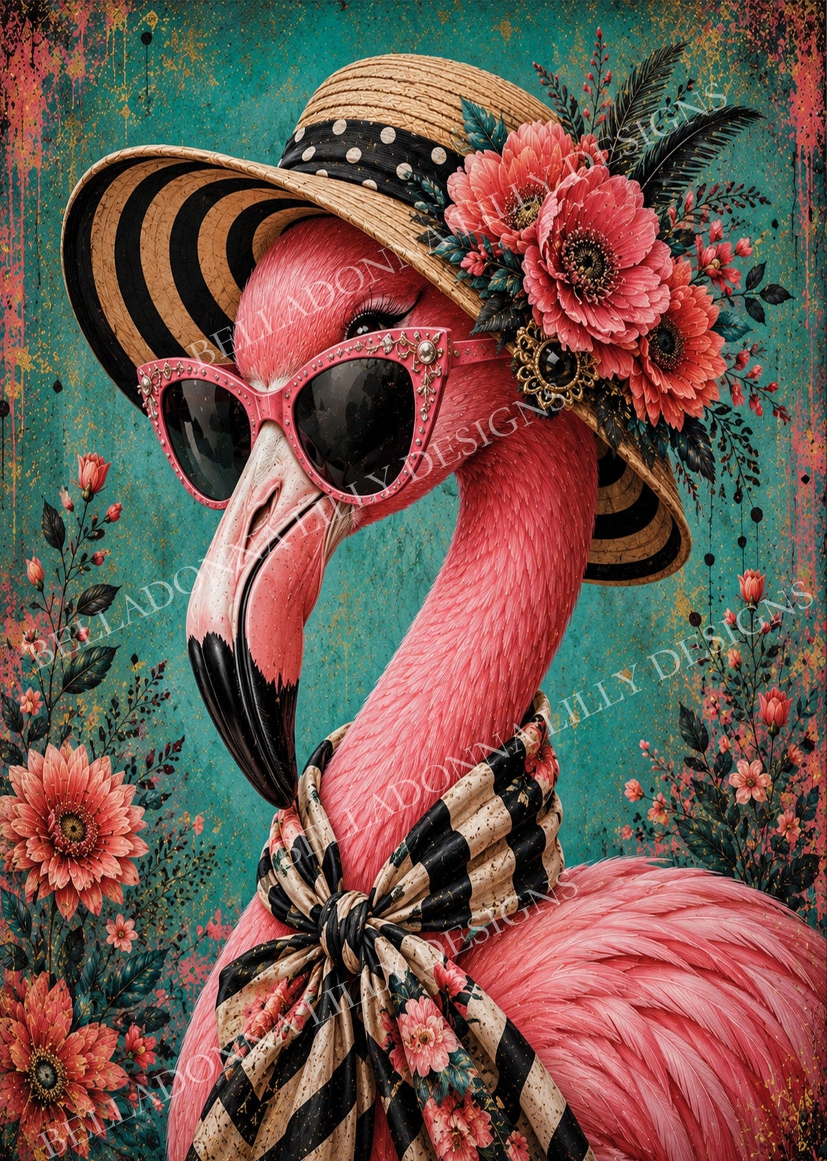 Fiona Flamingo wearing pink sunglasses and a striped floral sunhat against a distressed turquoise background with coral flowers.