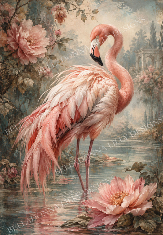 Flamingo Paradise Belladonna Lilly decoupage rice paper featuring a blush pink flamingo surrounded by large romantic flowers in a dreamy vintage garden landscape.