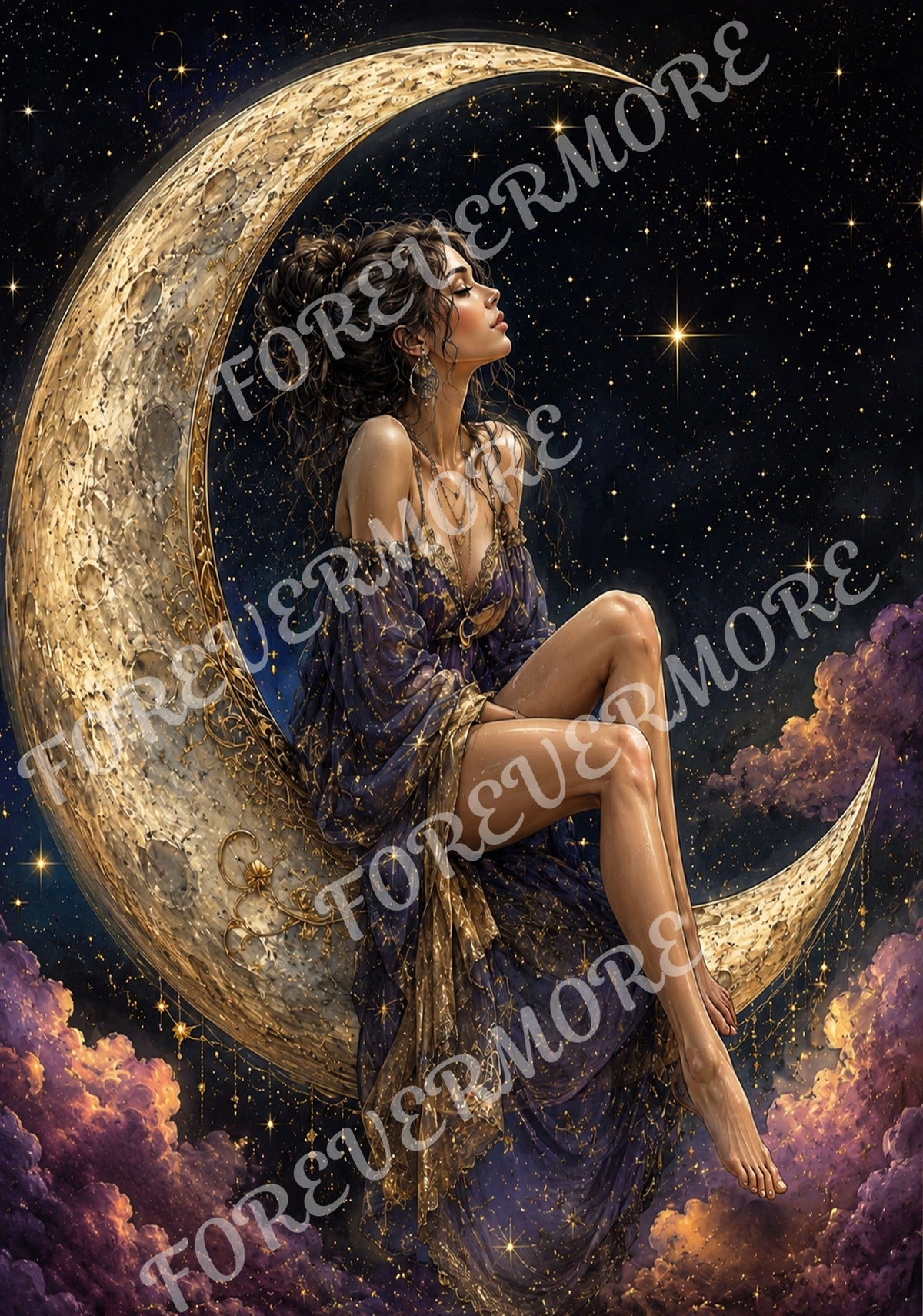 Forever Moon celestial decoupage paper featuring a woman seated on an ornate golden crescent moon beneath a star-filled midnight sky with purple clouds.