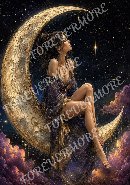 Forever Moon celestial decoupage paper featuring a woman seated on an ornate golden crescent moon beneath a star-filled midnight sky with purple clouds.