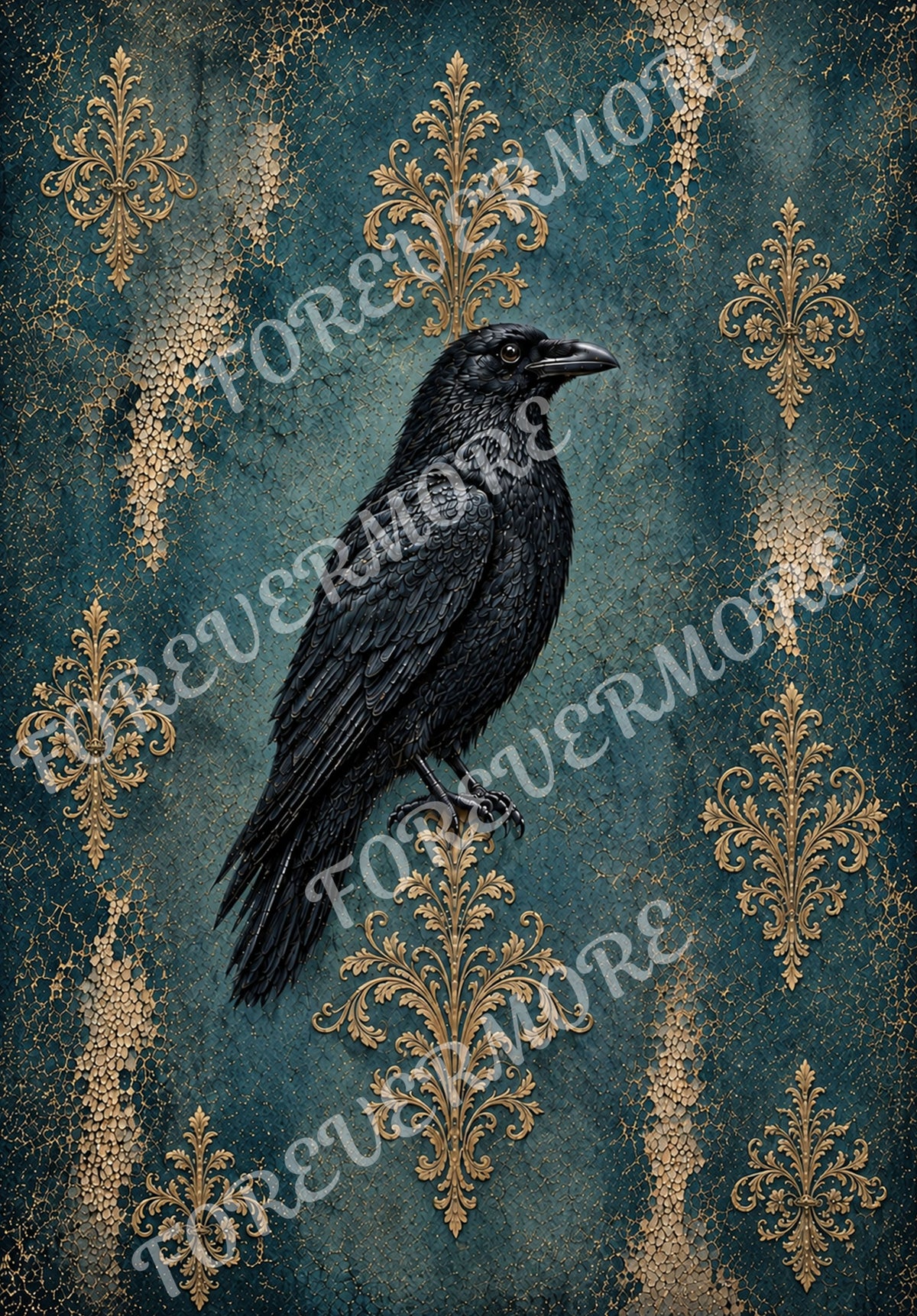 Black raven on distressed petrol teal and antique gold Gothic damask wallpaper decoupage rice paper