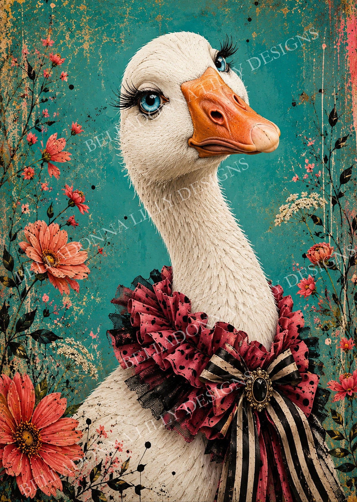 Gertie Goose with blue eyes, a coral ruffled collar and striped bow surrounded by flowers on a distressed turquoise background.