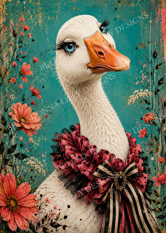 Gertie Goose with blue eyes, a coral ruffled collar and striped bow surrounded by flowers on a distressed turquoise background.