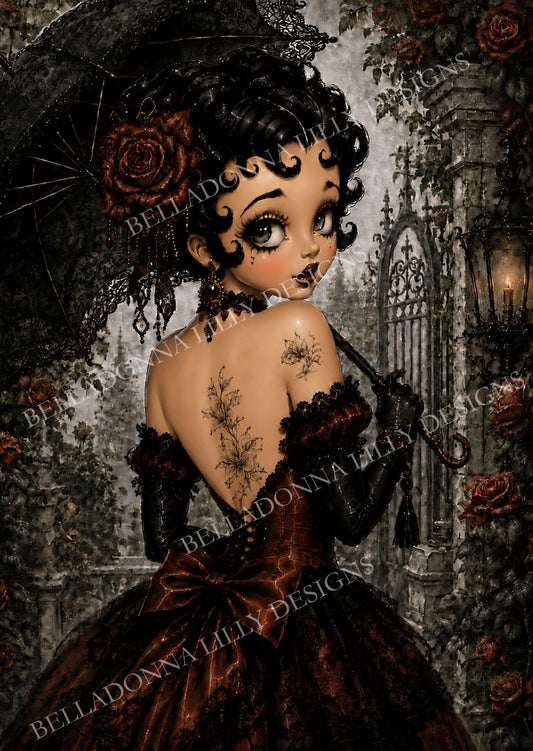 Gothic Betty III woman holding a black lace umbrella in a romantic rose garden on decoupage rice paper