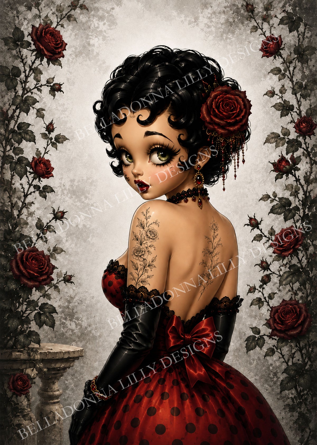 Gothic Betty IV woman in a red-and-black polka-dot gown surrounded by climbing roses on decoupage rice paper