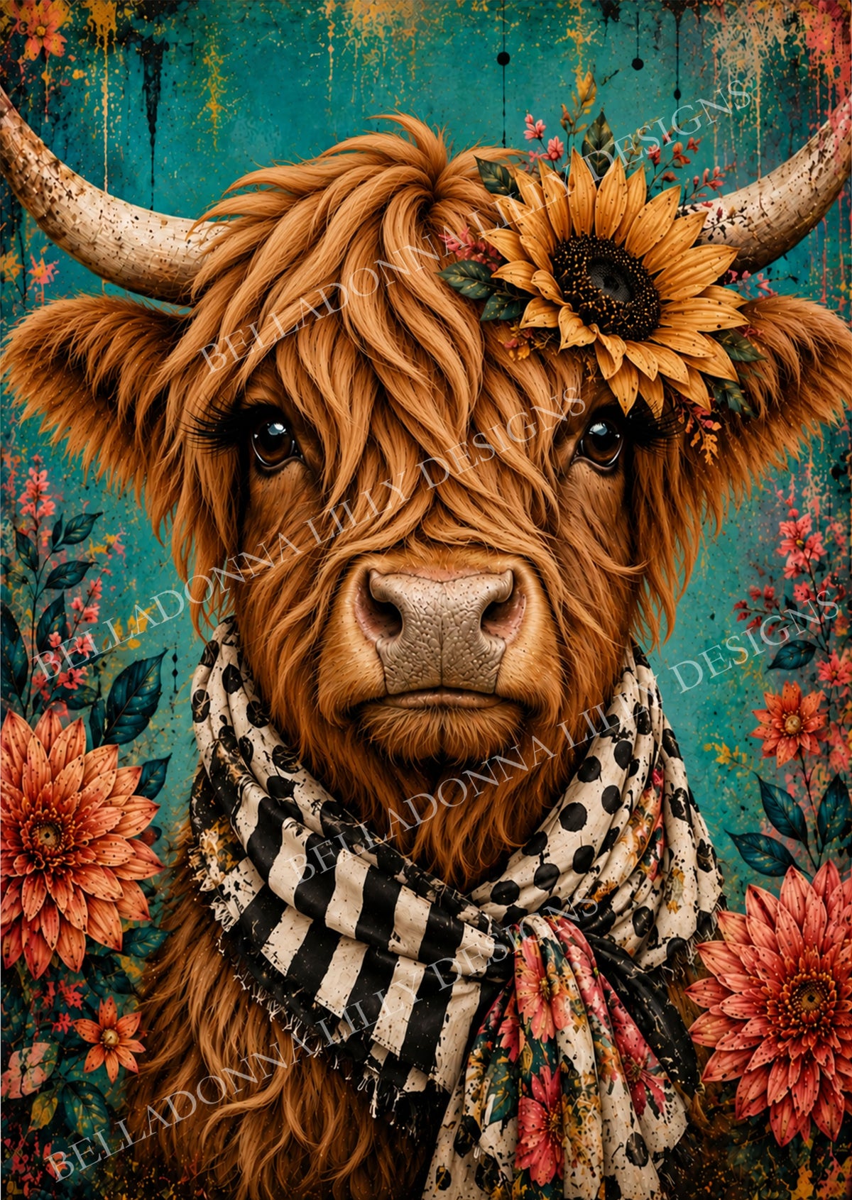 Harriet Highland cow wearing a golden sunflower and patterned scarf against a distressed turquoise background with coral flowers.