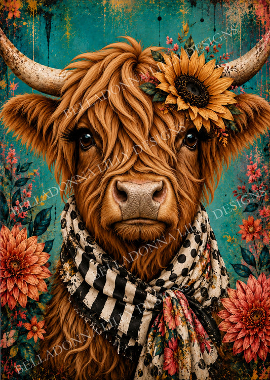 Harriet Highland cow wearing a golden sunflower and patterned scarf against a distressed turquoise background with coral flowers.