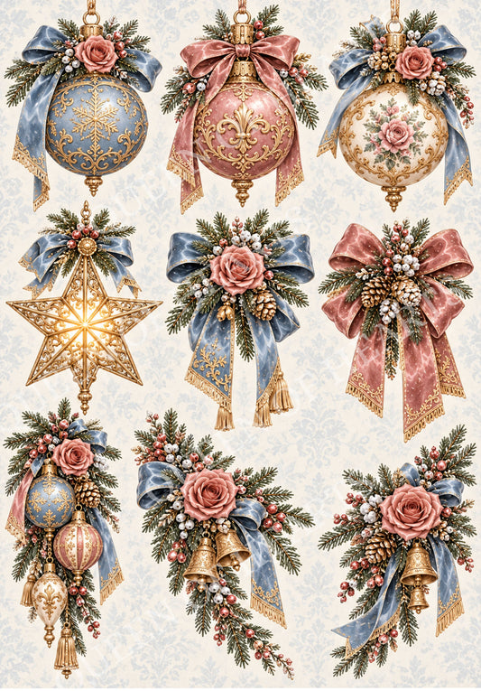 French blue dusty rose and gold Christmas ornaments with bows roses bells and evergreen greenery.