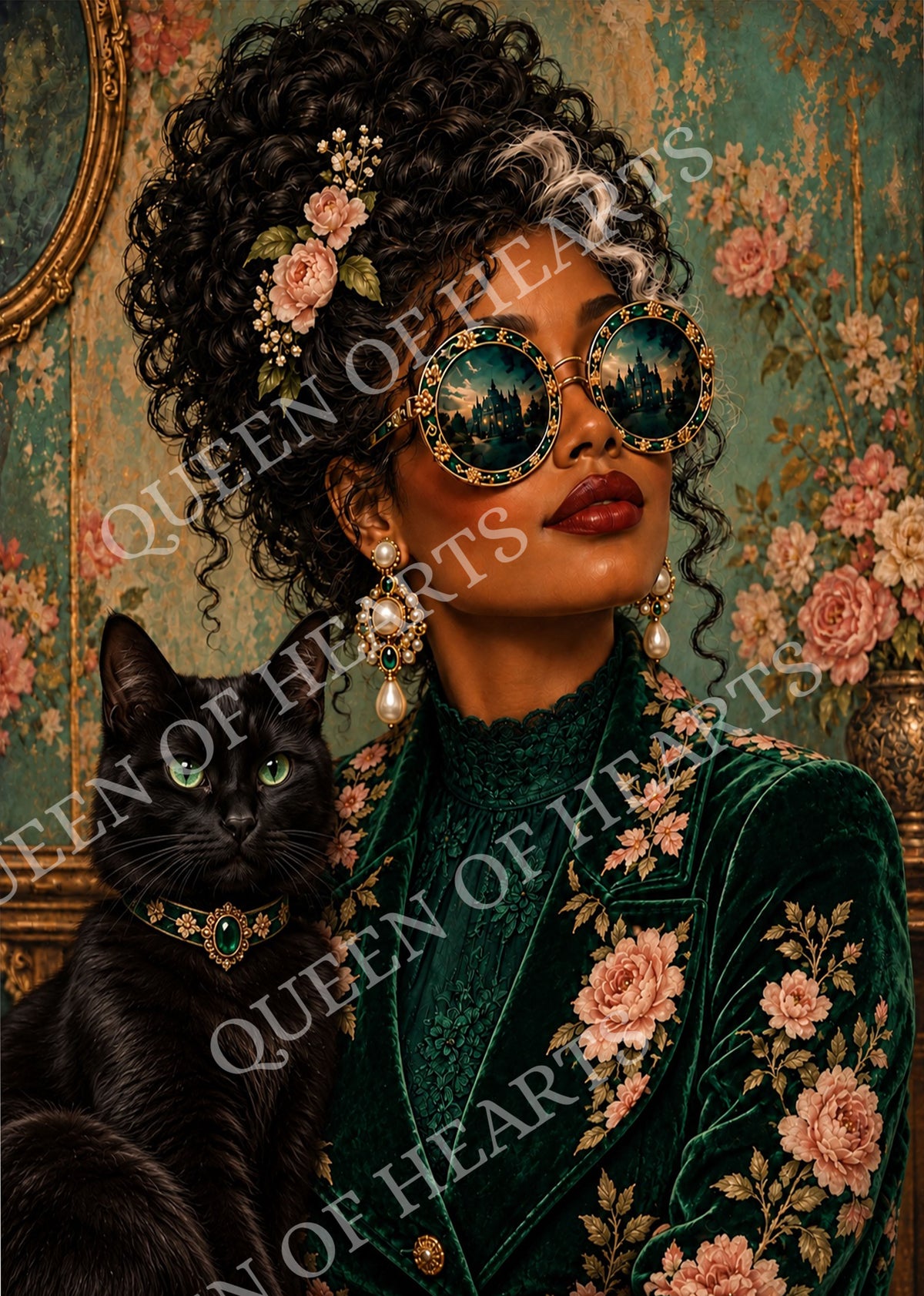 Lady Velvet in emerald floral velvet with jeweled sunglasses beside an elegant black cat – Queen of Hearts decoupage rice paper