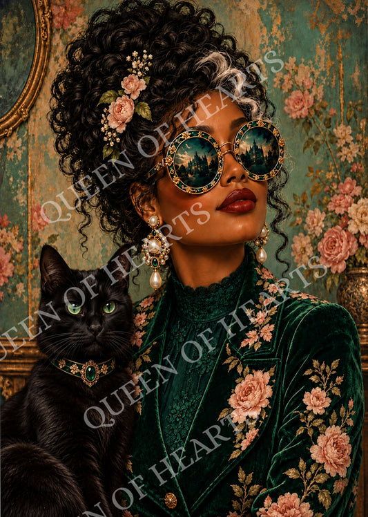Lady Velvet in emerald floral velvet with jeweled sunglasses beside an elegant black cat – Queen of Hearts decoupage rice paper