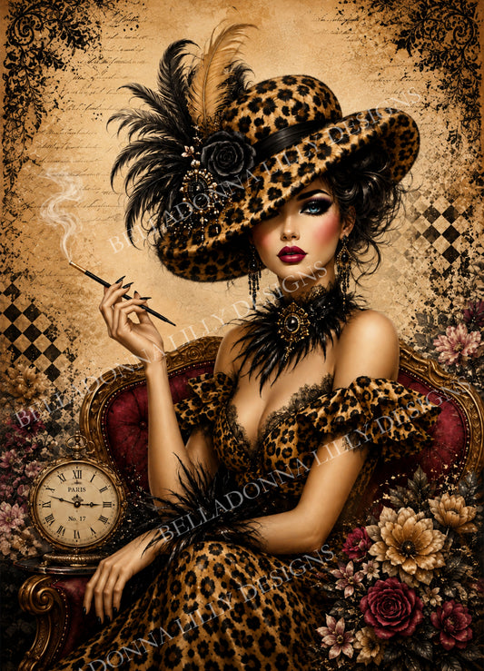 Leopard Lady decoupage rice paper featuring a glamorous woman in a leopard-print dress and feathered hat surrounded by vintage flowers and Parisian details.