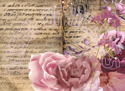Collage with pink flowers, vintage text, and abstract shapes on a textured background