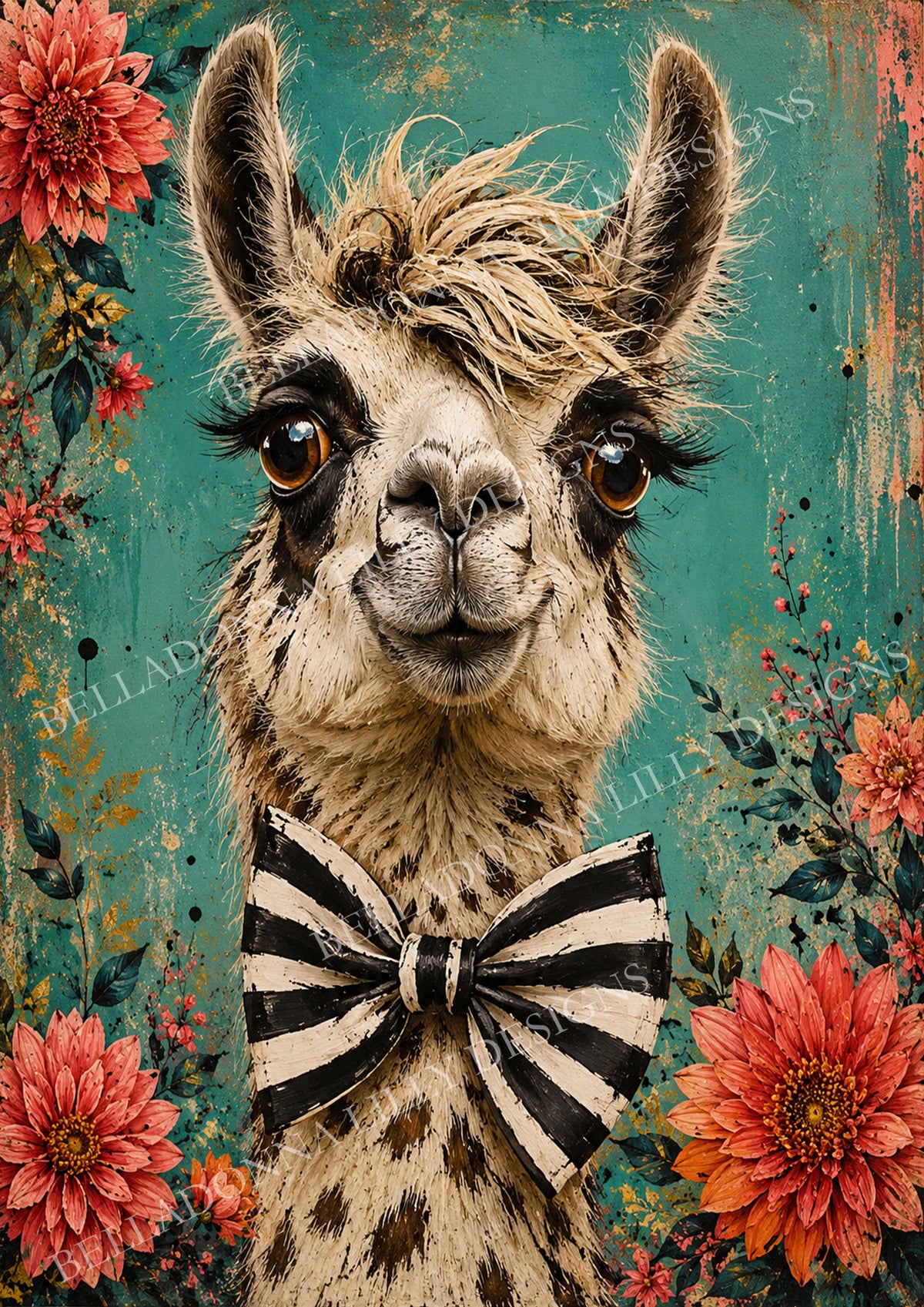 Lola Llama wearing an oversized black-and-cream striped bow, surrounded by coral flowers on a distressed turquoise background.